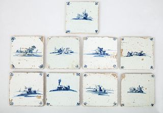 Nine Dutch Delft Blue and White Tiles with Views of Buildings
