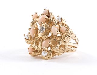 14K Coral, Pearl, and Diamond Cocktail Ring