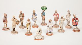 Twelve Indian Painted Poona Pottery Figures