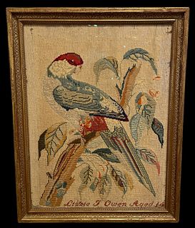 19th C. Large Scale Signed Embroidery Sampler of Bird