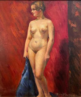 Art Deco Signed Oil on Board of Nude Woman 