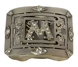 Art Deco Platinum Diamond  Belt Buckle " M" w 14k bar