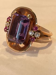 Art Moderne 14k gold Amethyst Ruby Diamond Ring