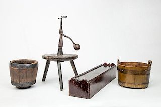 French Wrought-Iron Rushlight on Nailed Leather Tripod Stand, a Painted Candle Box and Two Metal-Banded Buckets