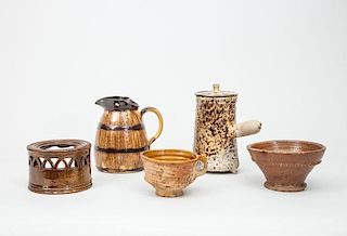 European Earthenware Barrel-Form Pitcher, a French Spatterware Coffee Pot, a Warming Stand, a Mug, and a Footed Bowl