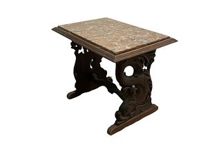 Ornate Oriental Oak and Marble Side Table 
