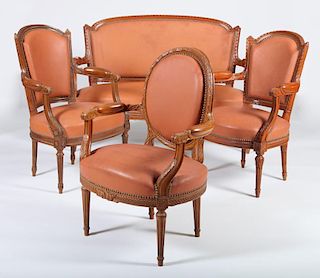Assembled Group of Eleven Louis XVI Style Carved Beechwood Fauteuils en Cabriolet and a Louis XVI Style Carved Beechwood Settee