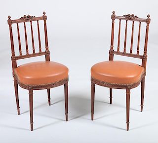 Pair of Napoleon III Carved Mahogany Side Chairs with Brown Leather Upholstered Seats