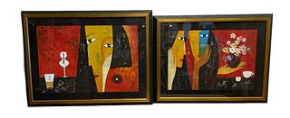 Pair Signed PHI 2000 Contemporary Oil on Canvas