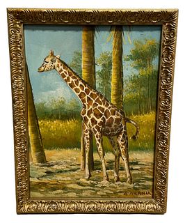 Signed A. ANANIA Giraffe Oil on Canvas 