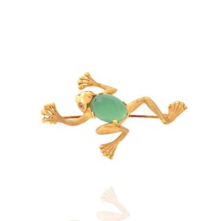 Chrysoprase, Ruby and 14K Frog Brooch