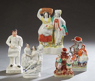 Group of Five Staffordshire Figures, 20th c., consisting of a Little Red Riding Hood spill vase; a news boy; a female stick gatherer; a fisherman and 