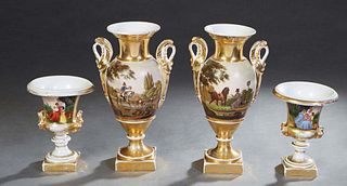 Two Pair of Old Paris Porcelain Urns, 19th c., one of baluster form with gilt swans head handles and reserves of a man with a horse and an agrarian sc