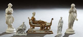 Five Pieces of Parian Porcelain, 20th c., consisting of a pair of standing classical nude women, a nude woman reclining on a lion, a standing nude, an