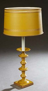 Polychromed Tole Candlestick Lamp, 20th c., with a white glass diffuser and a polychromed tapered metal shade in yellow decoration. H.- 25 1/2 in., Di