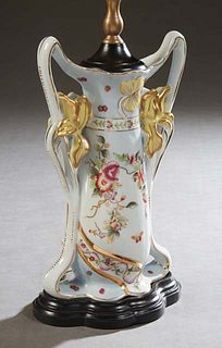 Old Paris Style Porcelain Lamp, 20th c., in the form of a handled urn with gilt and floral decoration, on a stepped shaped composition base, H.- 14 in