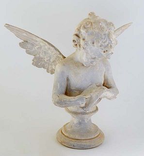 Plaster Bust of a Winged Angel, early 20th c., holding a paper in both hands, on a circular socle support, H.- 19 in., W.- 20 1/2 in., D.- 10 1/2 in.