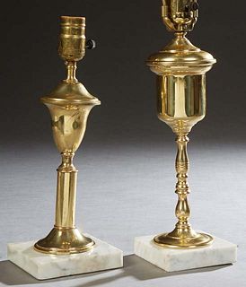 Two American Brass Oil Lamps, 19th c., with shaped fonts, on white marble bases, now electrified, Taller- H.- 12 in., W.- 4 in., D.- 4 in.
