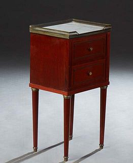 French Louis XVI Style Carved Mahogany Marble Top Nightstand, 20th c., the brass galleried top with an inset figured white marble above a bank of two 