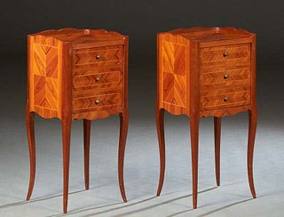 Pair of French Carved Cherry Louis XV Style Nightstands, 20th c., the 3/4 galleried top over a faux three drawer pot cupboard, on square cabriole legs