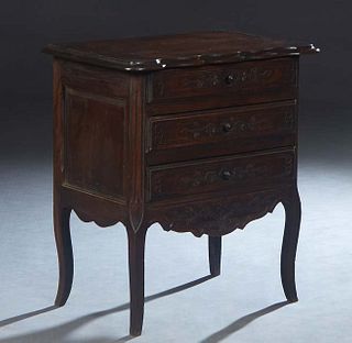 French Henri II Style Silverware Chest, 20th c., the stepped ogee edge scalloped top over a bank of three shallow drawers on cabriole legs joined by a
