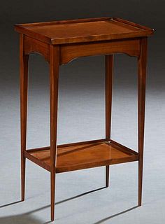 French Louis XVI Style Cherry Nightstand, 20th c. the galleried top over a small end frieze drawer, on square tapered legs, to a lower galleried shelf