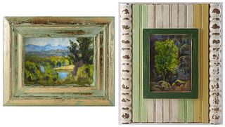 Gustaxo, "Willow Lake, Plein Air" and "A Lonesome Tree in Front of a Rock Facade," 20th c., pair of oils on canvas board, each signed lower left and l