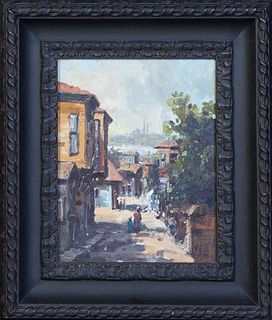Turkish School, "Turkish Street View," 20th c., oil on canvas, signed indistinctly lower right, presented in an ebonized frame, H.- 11 1/4 in., W.- 8 