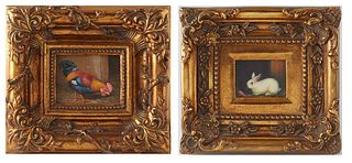Two Miniature Paintings, Renate Bell (1939-2019, Texas/Oklahoma), "The Rooster," 2004, oil on board, signed lower right, signed and dated en verso, pr