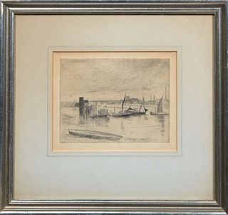 James Abott McNeil Whistler (1834-1903, American), "Cadogan Pier, Early Morning," late 19th c., etching, signed in plate lower left, with a tag en ver