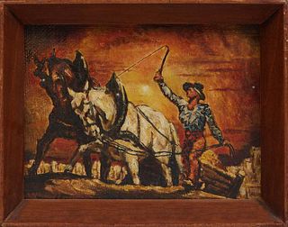 Continental School, "Sharecropper Whipping Horse," 20th c., oil on canvas laid to board, signed indistinctly lower left, presented in a wood shadowbox