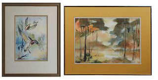 Two Watercolors, Belle Schott (1921-2017, New Orleans), "Ducks in Flight," 20th c., watercolor on paper, signed lower right, presented in a gilt frame