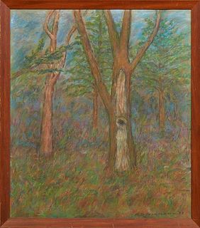 Peter Roussel Norman (1903-1975, Louisiana), "Wooded Landscape," 1958, pastel on paper, signed and dated lower right, presented in a wood frame, H.- 2