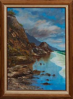 American School, "Coastal Landscape," 20th c., oil on masonite, unsigned, presented in a wood frame, H.- 23 5/8 in., W.- 17 1/2 in., Framed H.- 28 5/8