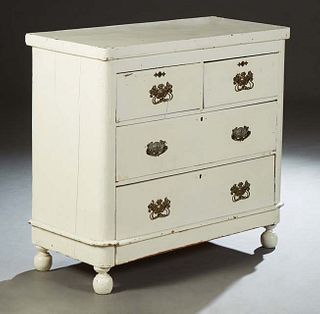 English Polychromed Pine Chest, late 19th c., the rounded corner top over two frieze drawers, on a plinth base on turned ball feet, now in white paint