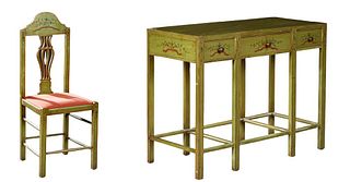 French Provincial Polychromed Mahogany Desk, 20th c., the rectangular floral painted top over three like painted frieze drawers, on rectangular legs j