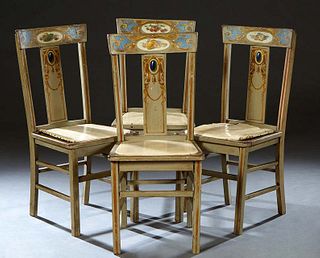 Set of Four French Polychromed and Gilt Oak Side Chairs, 19th c., the curved crest rail over a vertical splat, to a vinyl upholstered seat, on tapered