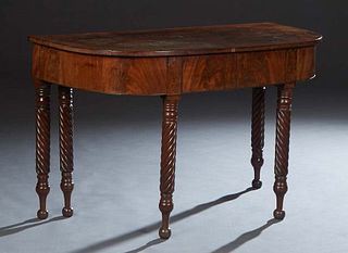 Carved Mahogany D-End Table Console Table, 19th c., the demilune top on turned twist carved legs, having previously been a gateleg table, H.- 29 in., 