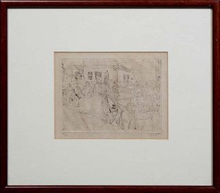 Jules Pascin (1885-1930, New York/France), "The Horse Carriage Yard," early 20th c., etching, editioned 5/12 in pencil lower left, signed in pencil lo