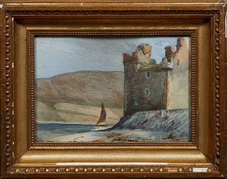 Continental School, "Coastal Scene with Ruins," early 20th c., watercolor on paper, presented in a gilt and gesso frame, H.- 6 3/4 in., W.- 9 3/4 in.,