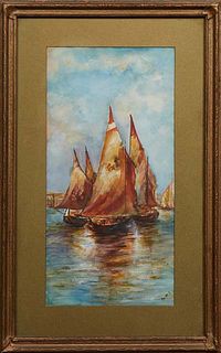 S.M.I., "Sailboats Near the Harbor," early 20th c., watercolor on paper, initialed lower right, presented in a gilt frame, H.- 15 1/2 in., W.- 7 3/4 i