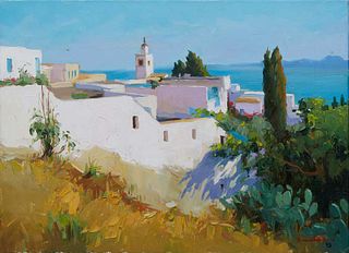 Continental School, "Mediterranean Scene," c. 2010, oil on canvas, signed indistinctly and dated lower right, unframed, H.- 15 5/8 in., W.- 21 5/8 in.