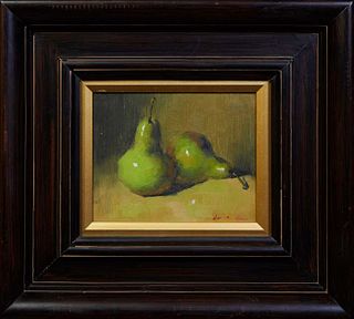 Chinese School, "Still Life of Pears," 20th c., oil on canvas, signed "Liz" lower right, presented in a gilt and wood frame, H.- 7 3/8 in., W.- 9 3/8 