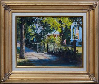 Theresa Rankin (1948-, American), "View of an Open Gate," 20th c., oil on canvas, signed lower right, presented in a linen and gilt frame, H.- 11 1/2 