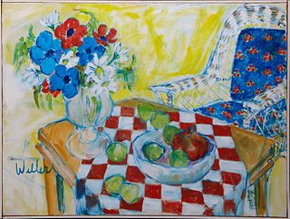 Melvin "Dell" Weller (1927-2017, Louisiana), "Still Life with Checkered Tablecloth," 20th c., oil on canvas, signed lower left, presented in a painted
