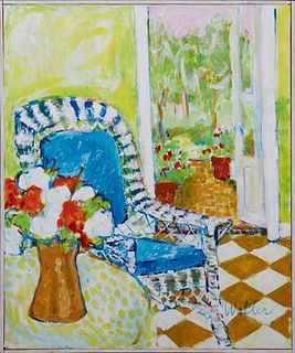 Melvin "Dell" Weller (1927-2017, Louisiana), "Floral Still Life with Mustard and White Checkered Floor," 20th c., oil on canvas, signed lower right, p