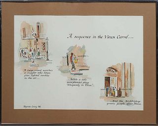 Byron Levy (1921-2015, Louisiana), "A Sequence in the Vieux Carre," 1986, ink and watercolor on paper, signed and dated lower left, signed, titled, wi