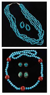 Group of Eight Pieces of Turquoise Jewelry consisting of a five strand small nugget necklace with a silver clasp, L.- 24 in; a pair of small nugget ov
