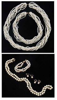 Six Pieces of Pearl Jewelry, consisting of a strand of 7mm white pearls with a 14K yellow gold clasp, L.-28 in.; two pair of 14K yellow gold earrings,