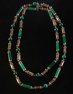 Unusual 18K Yellow Gold and Malachite Link Necklace, with gold mounted cylindrical malachite links, malachite bead links, and cylindrical gold links, 